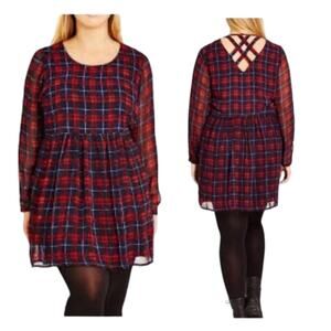 City Chic Plaid Check Me Out Long Sleeve Babydoll Round Neck Dress Size 14/XS